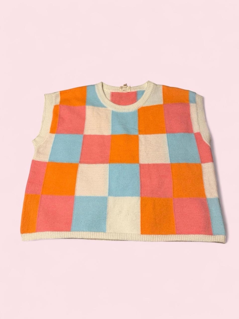 BiBi Multicolor Check Knit Vest in Orange, Pink, Blue & Cream
